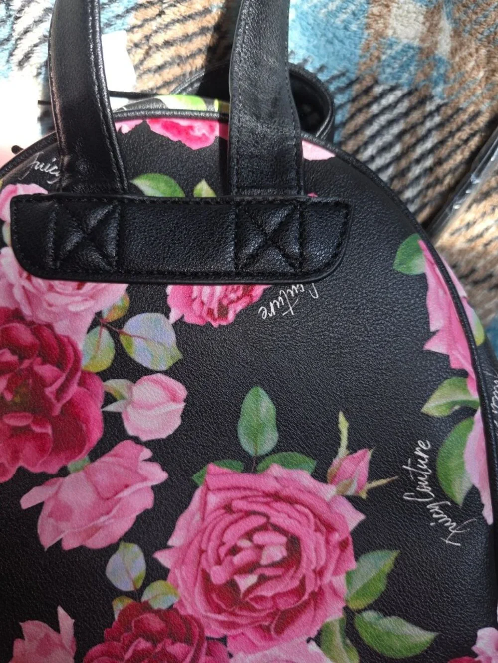 Juicy Couture Black & Pink Floral Mini Backpack With Adjustable Straps & Gold Ch